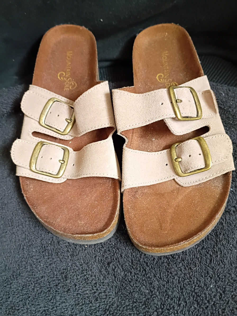 Double-Buckle Slide Sandals in Light Beige Suede